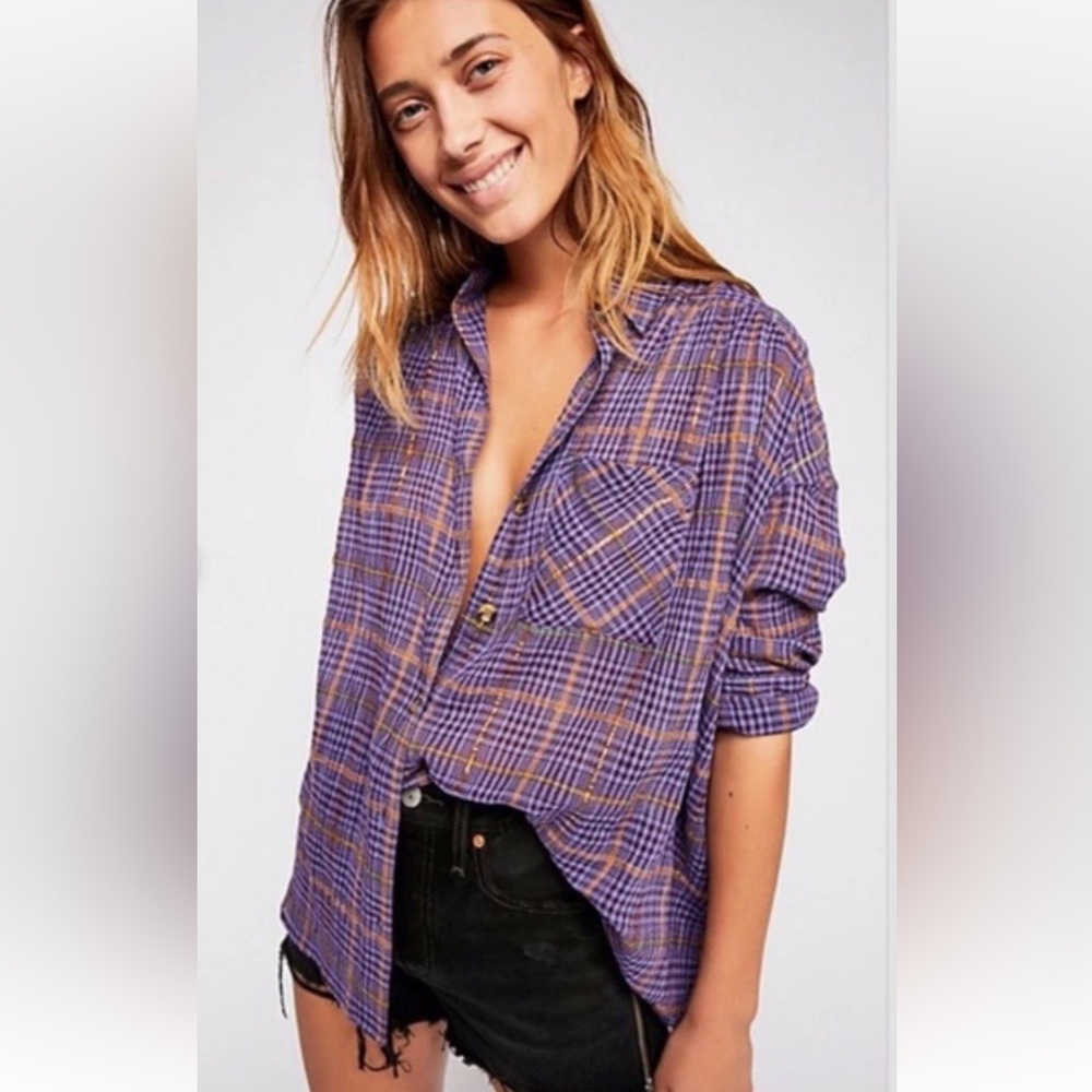 Free People Break My Stride Purple Plaid Oversized Button-Down Shirt Sz Small